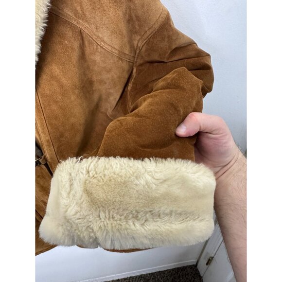 Gallery Tan Leather Faux Shearling Hooded Coat Women's L Oversized Toggle Style - Picture 2 of 9